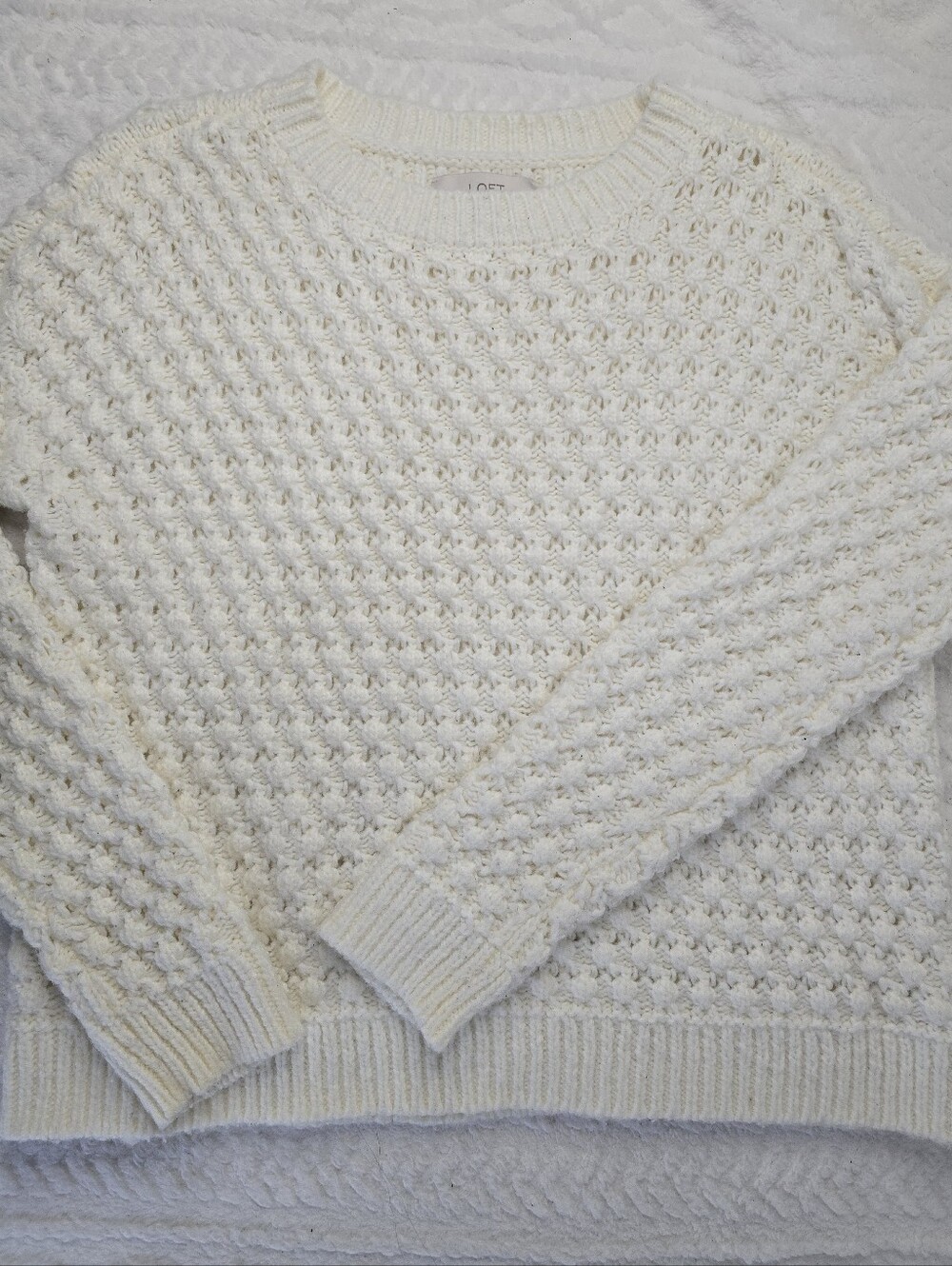 LOFT Sweater Ivory Chunky Crochet Knit Wool Blend Long Sleeve Pullover L